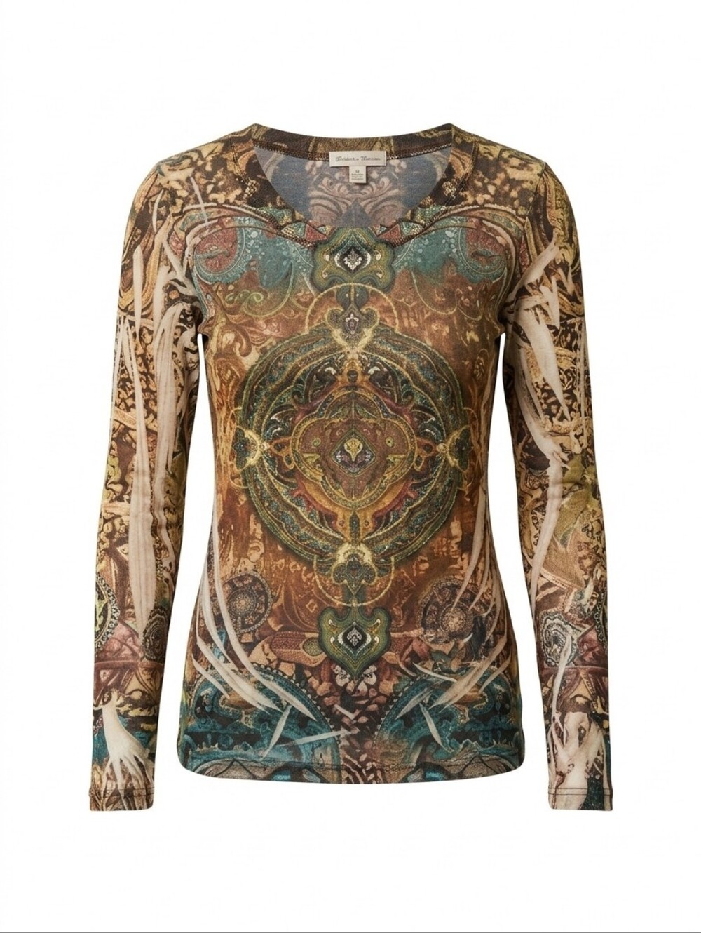 Decree Long-Sleeve Paisley Medallion Print Top — Size S/CH